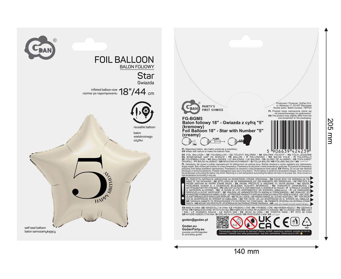 Foil Balloon 18" - Star with Number "5" (creamy)