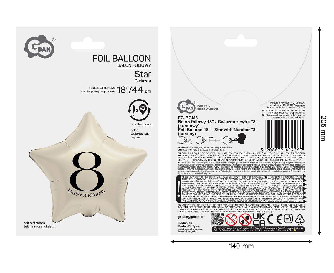 Foil Balloon 18" - Star with Number "8" (creamy)