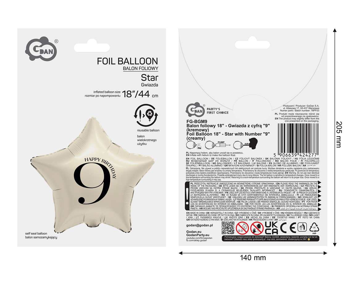 Foil Balloon 18" - Star with Number "9" (creamy)