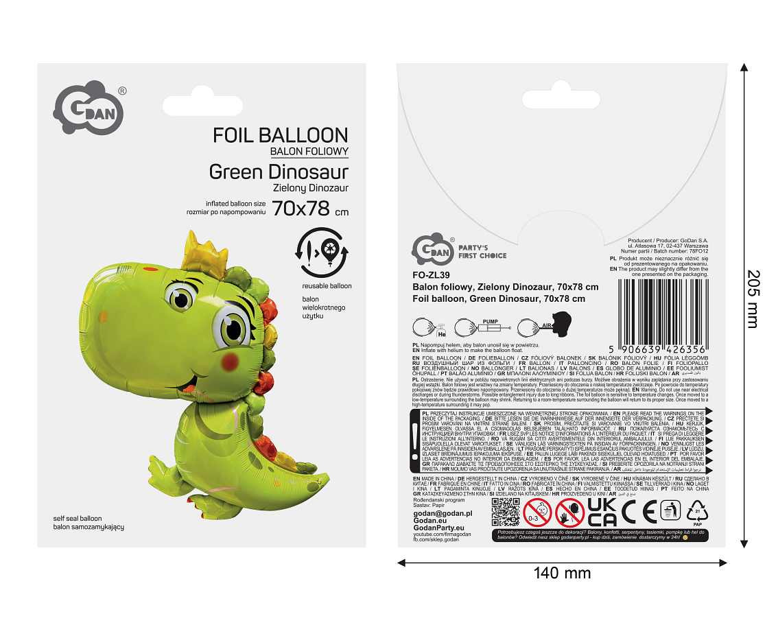 Foil balloon Green Dinosaur, 70x78 cm