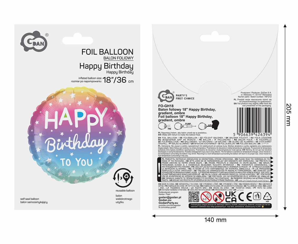 Foil balloon 18" Happy Birthday, gradient, ombre