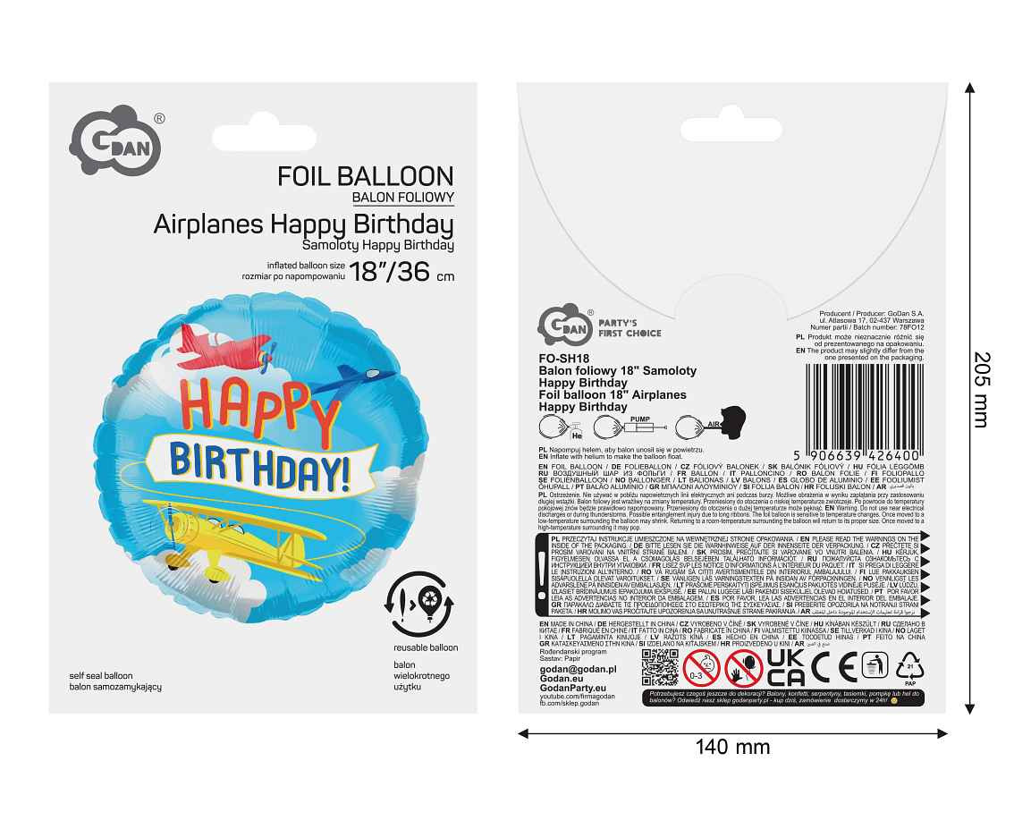 Foil balloon 18" Airplanes Happy Birthday