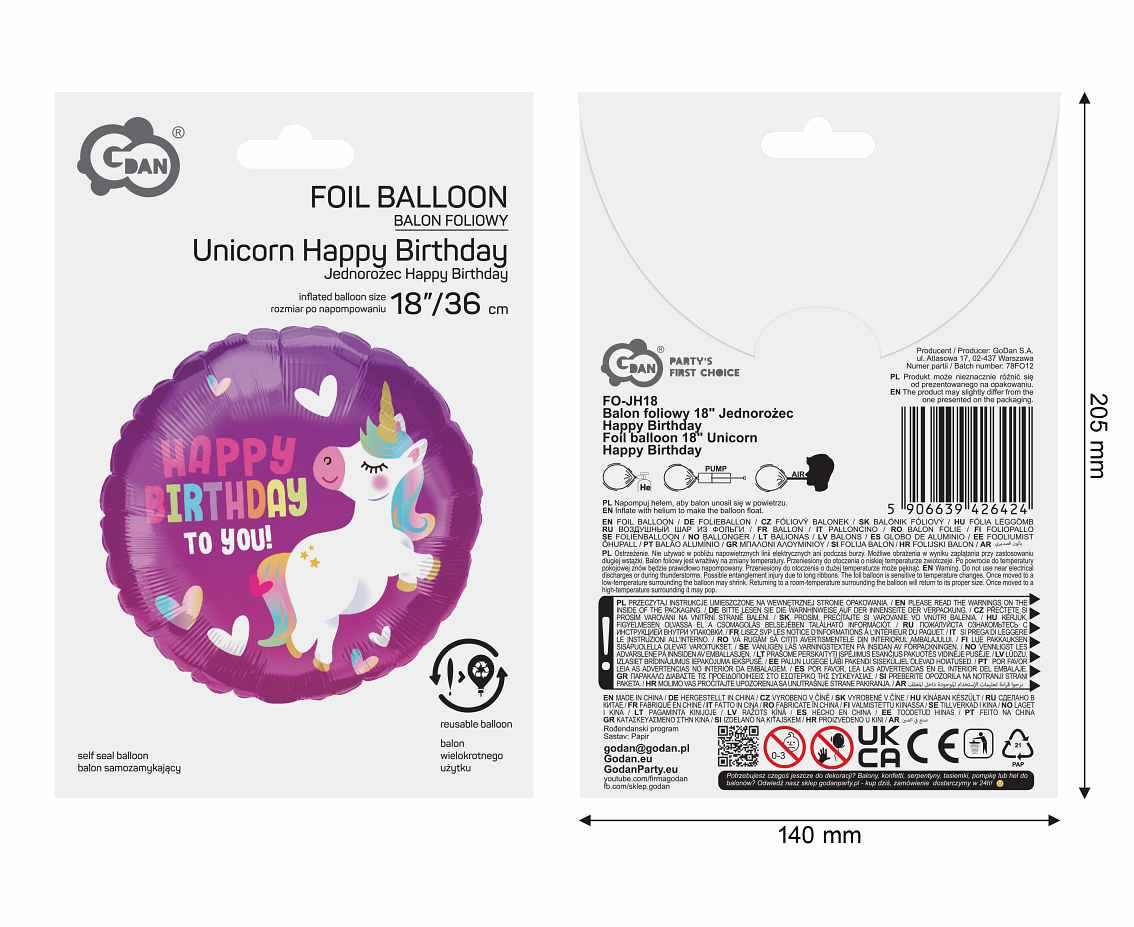 Foil balloon 18" Unicorn Happy Birthday
