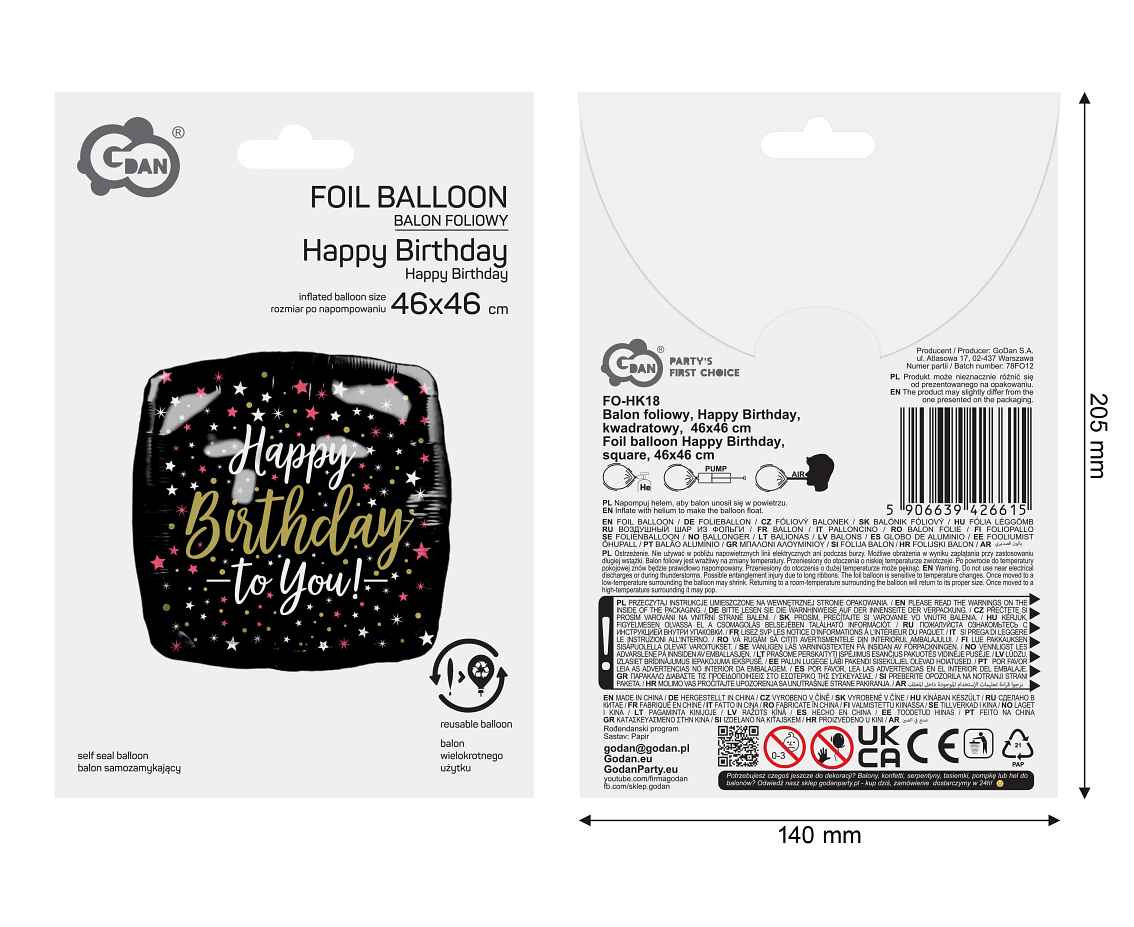 Foil balloon Happy Birthday, square, 46x46 cm