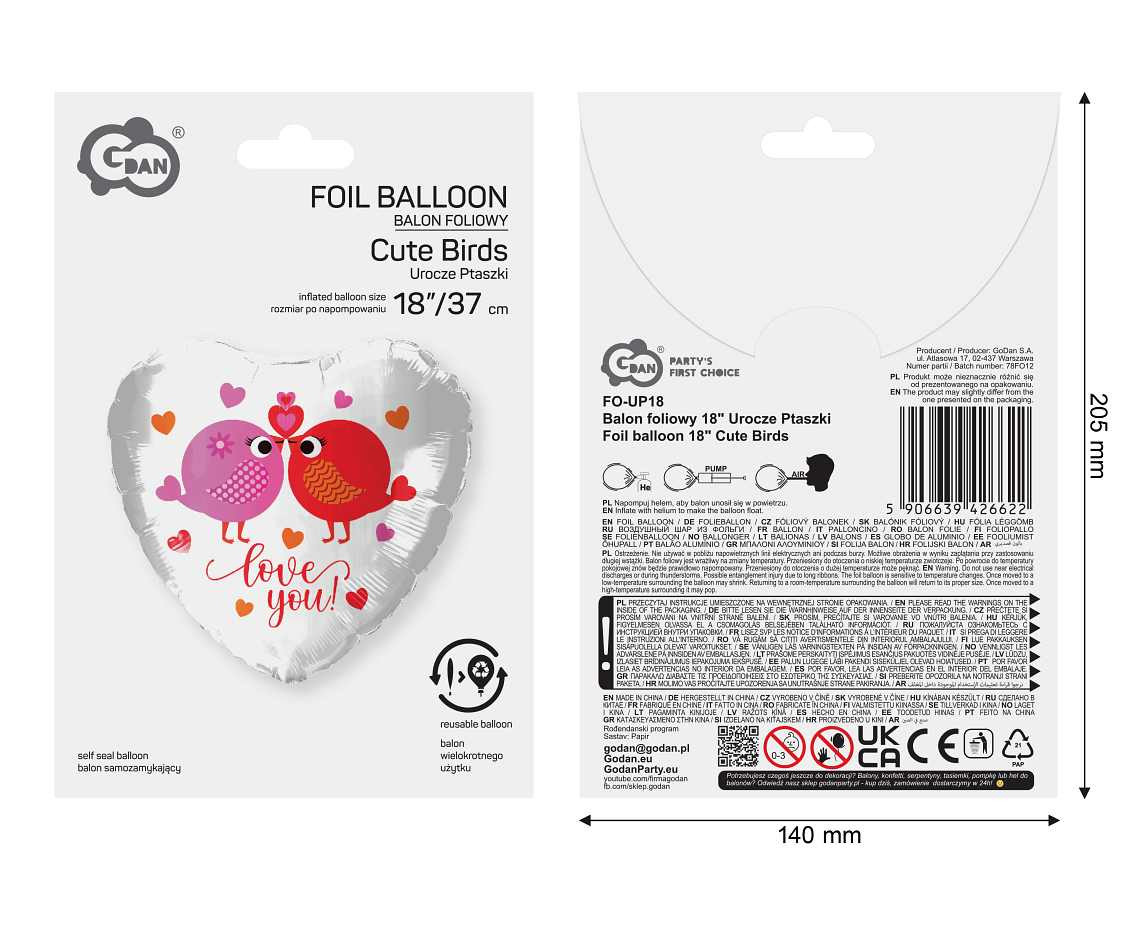 Foil balloon Cute Birds, 36x36 cm