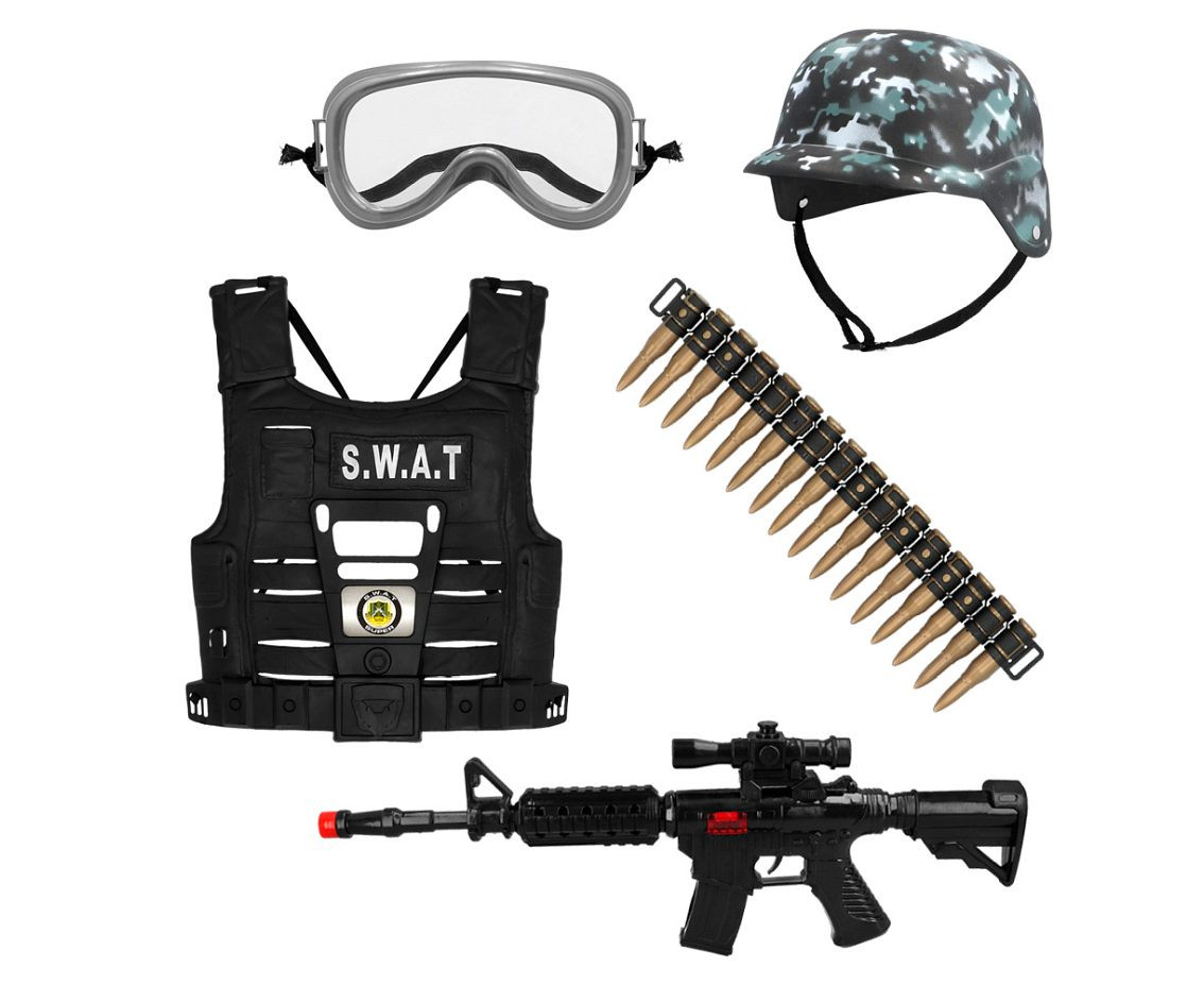 Child set ''S.W.A.T'' (helmet, vest, safety glasses, bullet belt, Rifle)