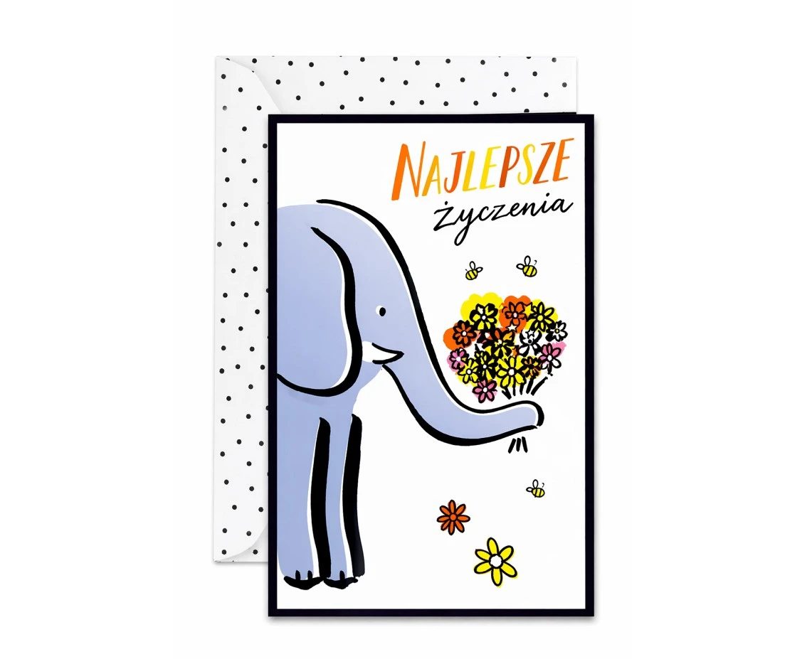 Birthday Card Elephant with a Bouquet of Flowers