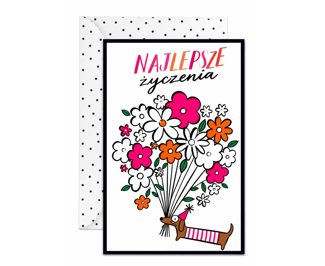 Birthday Card Dachshund with a bouquet of flowers