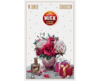 Birthday card with a stick-on number, flowers in a vase, gifts, perfume