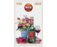 Birthday card with a stick-on number, flowers in a vase, bottle of wine