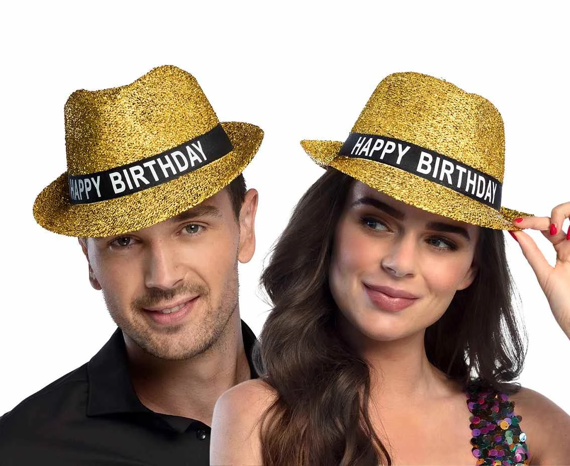 Kapelusz 'Happy birthday', błyszczący złoty