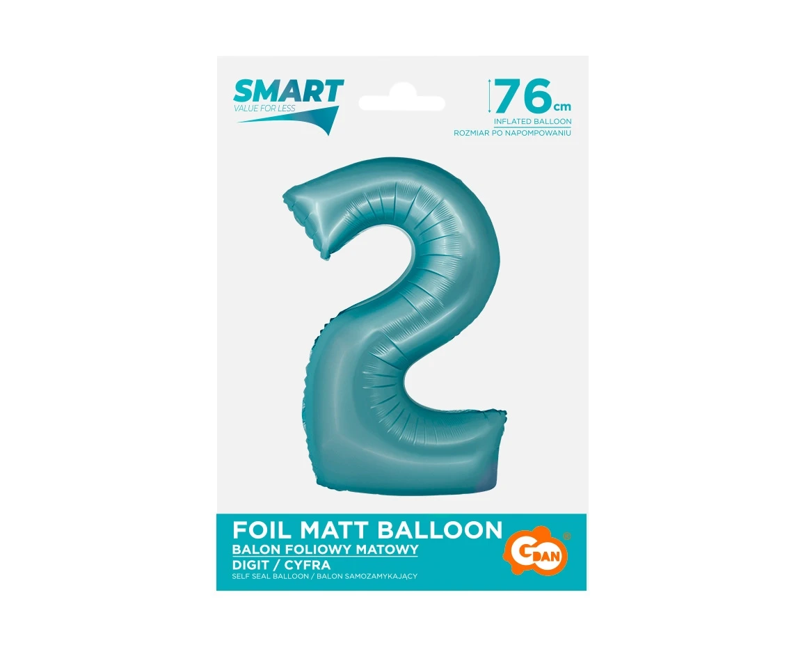 Foil balloon Smart, digit 2, mat light blue, 76 cm