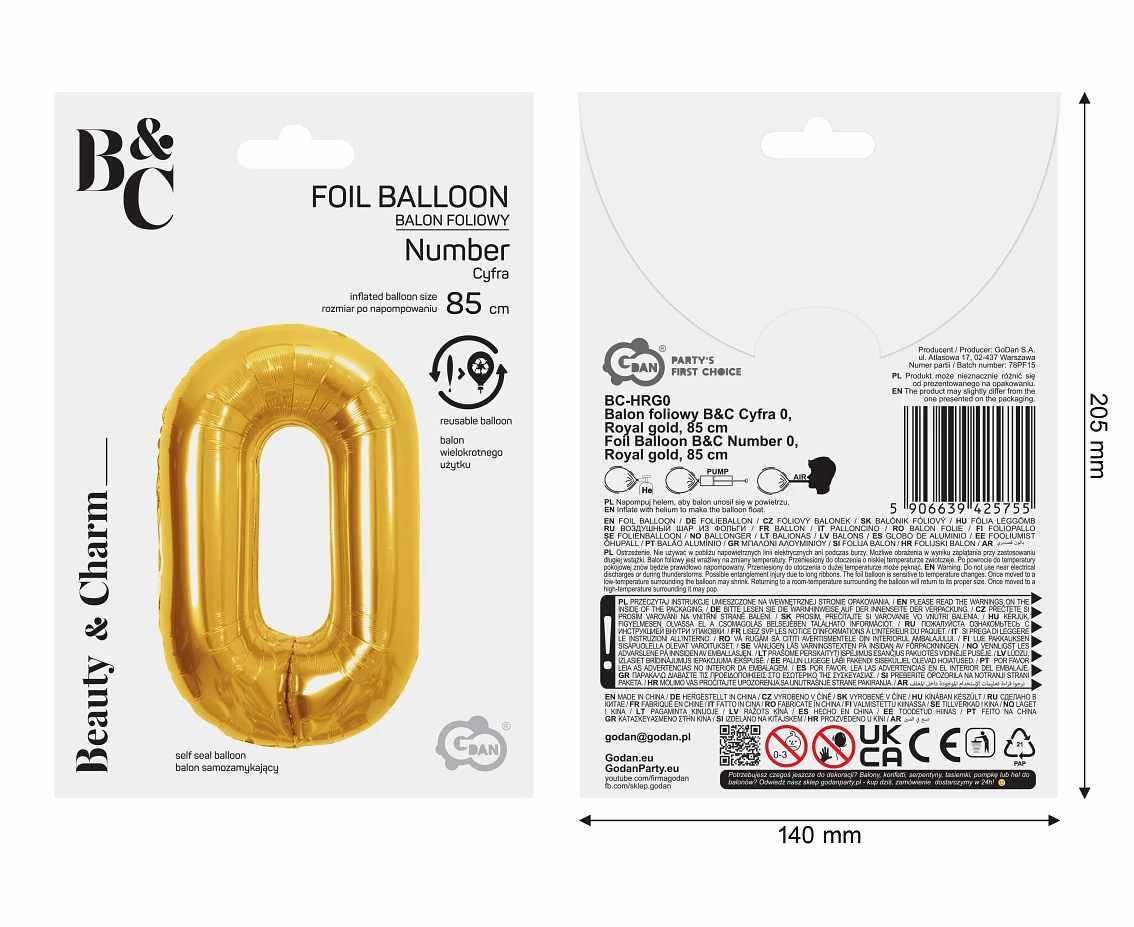 Foil Balloon B&C Number 0, Royal gold, 85 cm