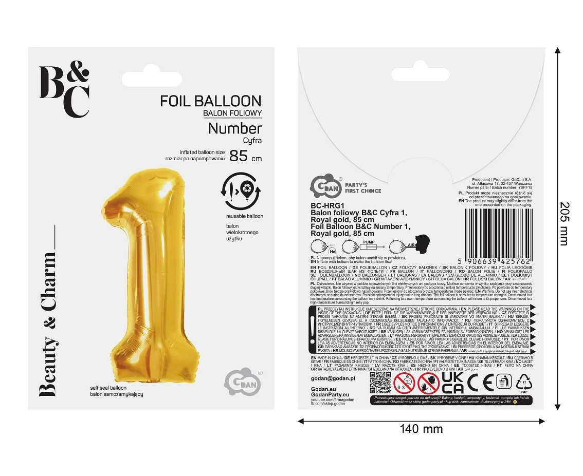Foil Balloon B&C Number 1, Royal gold, 85 cm