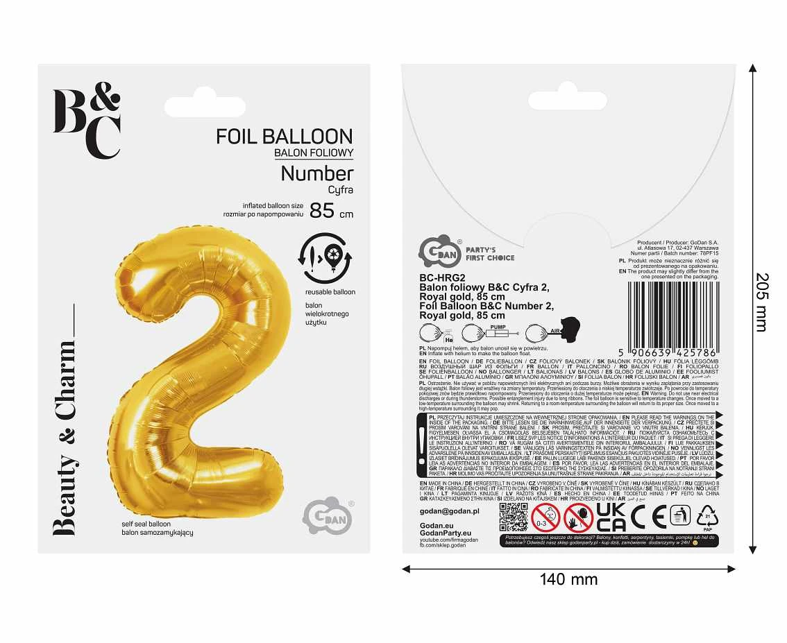 Foil Balloon B&C Number 2, Royal gold, 85 cm