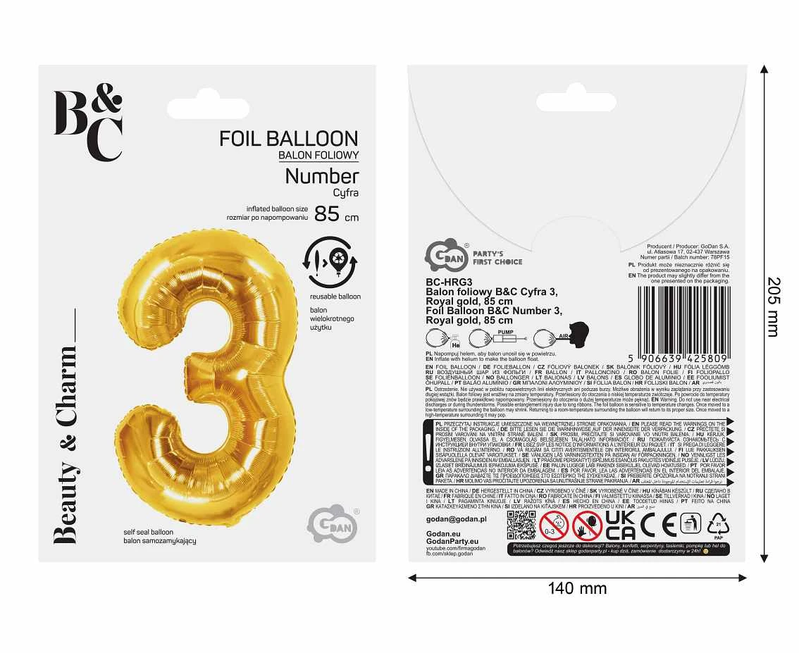 Foil Balloon B&C Number 3, Royal gold, 85 cm