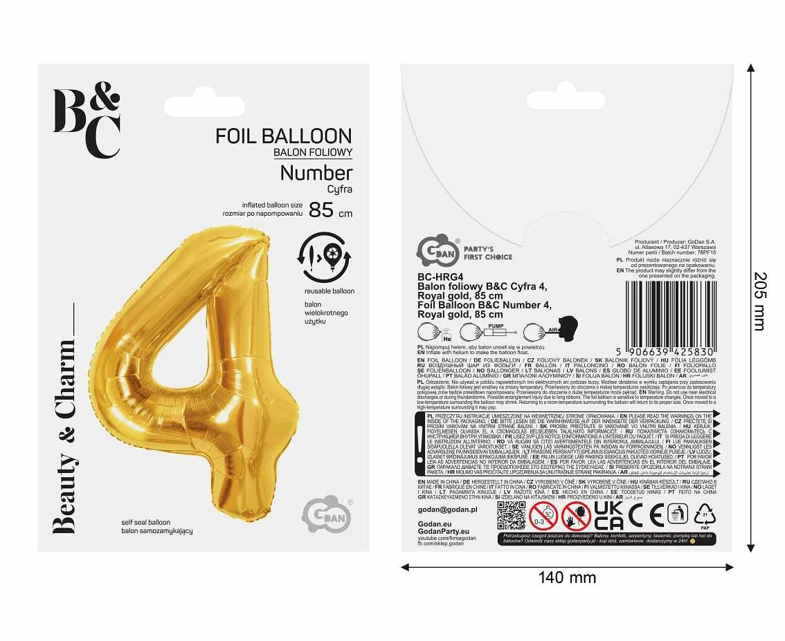 Foil Balloon B&C Number 4, Royal gold, 85 cm