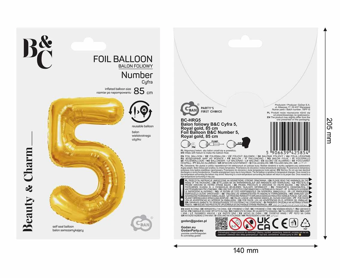 Foil Balloon B&C Number 5, Royal gold, 85 cm