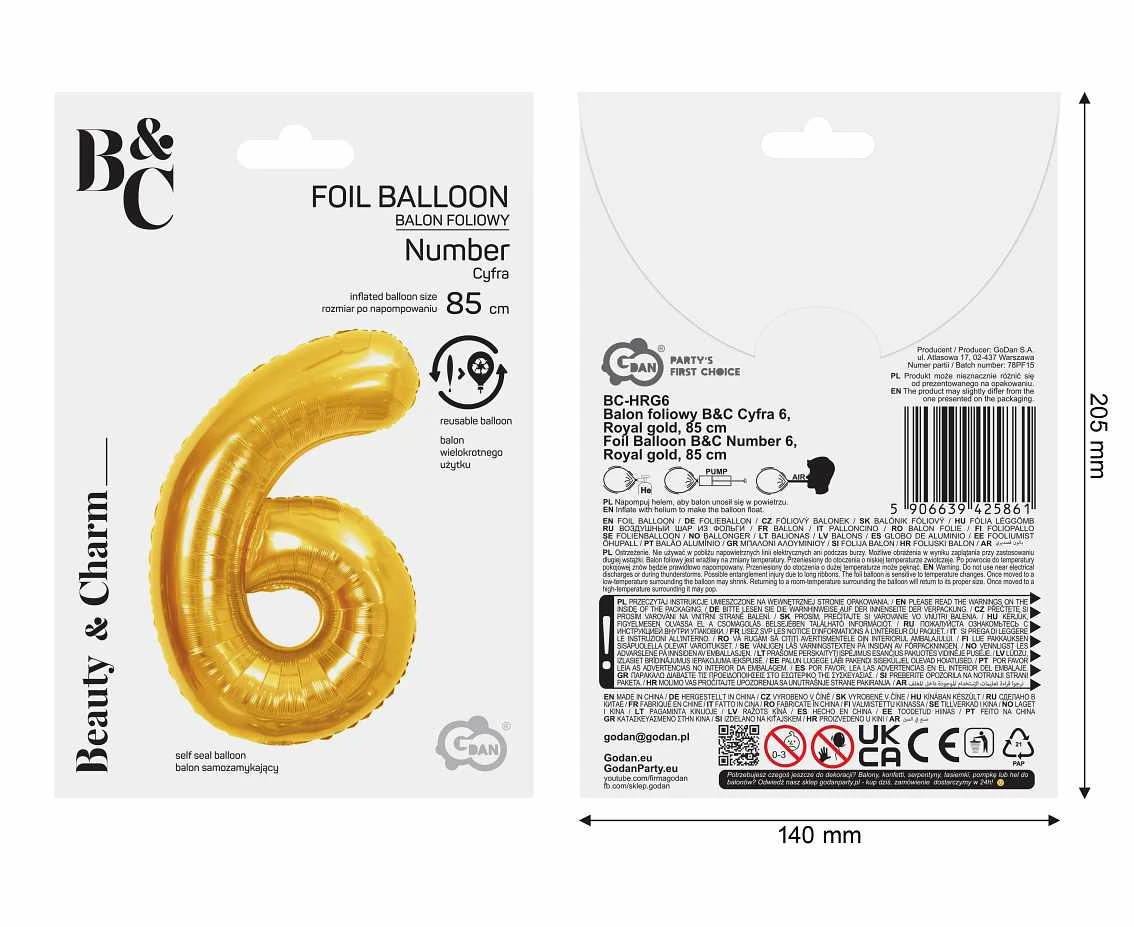 Foil Balloon B&C Number 6, Royal gold, 85 cm