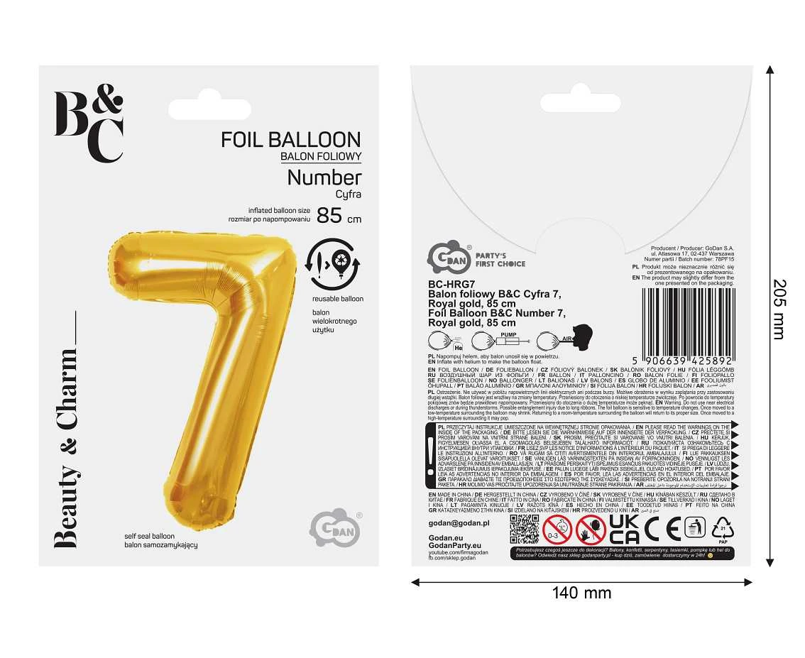 Foil Balloon B&C Number 7, Royal gold, 85 cm