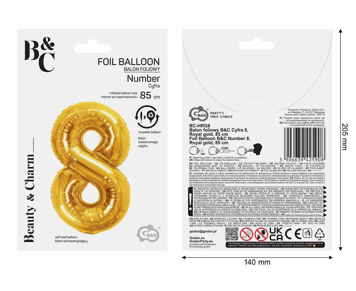 Foil Balloon B&C Number 8, Royal gold, 85 cm