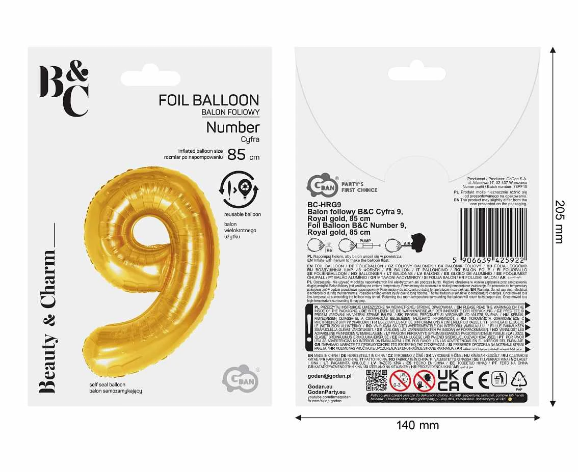 Foil Balloon B&C Number 9, Royal gold, 85 cm
