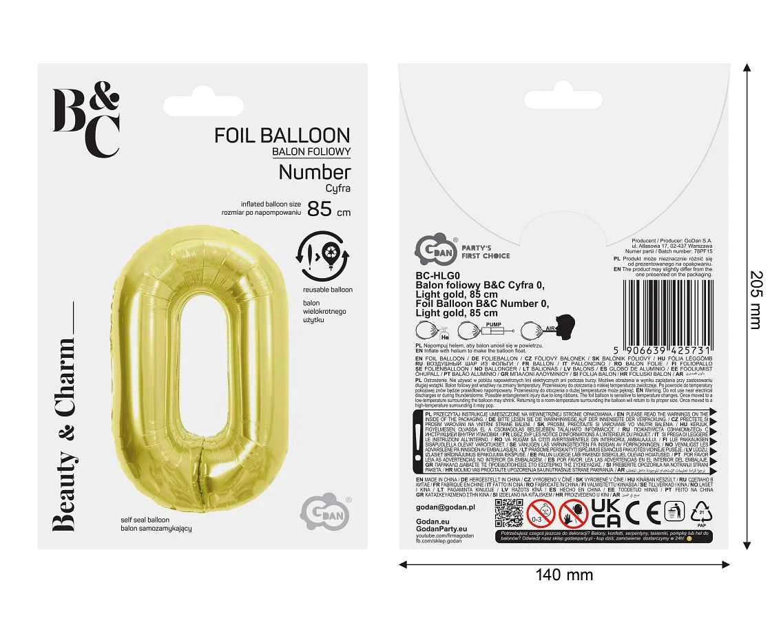 Foil Balloon B&C Number 0, Light gold, 85 cm