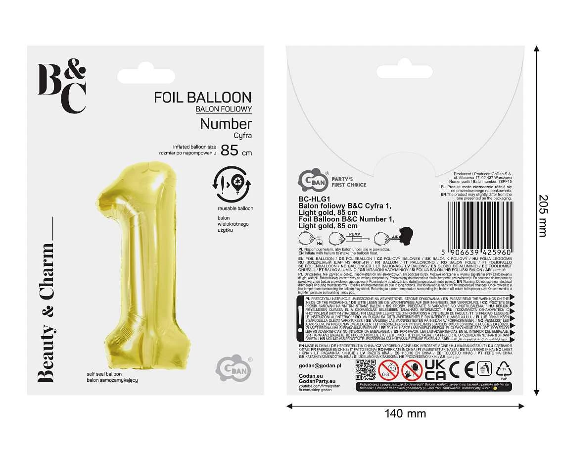 Foil Balloon B&C Number 1, Light gold, 85 cm