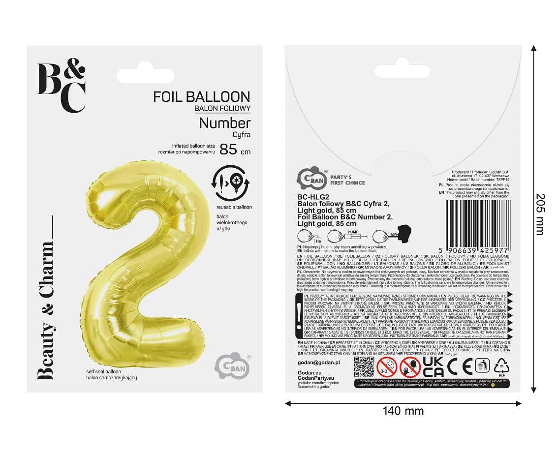 Foil Balloon B&C Number 2, Light gold, 85 cm