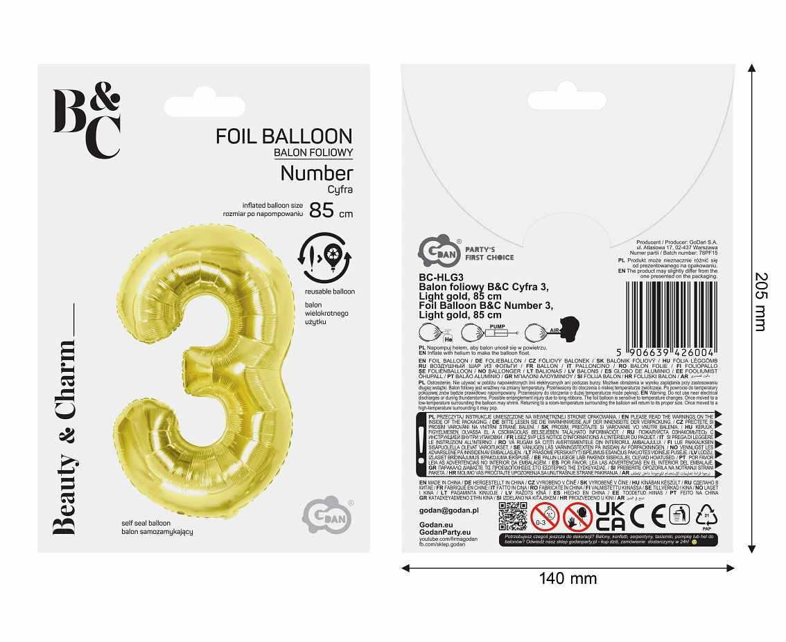 Foil Balloon B&C Number 3, Light gold, 85 cm