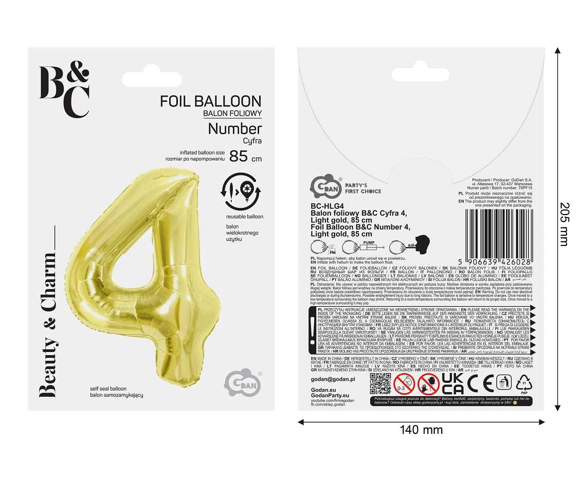 Foil Balloon B&C Number 4, Light gold, 85 cm