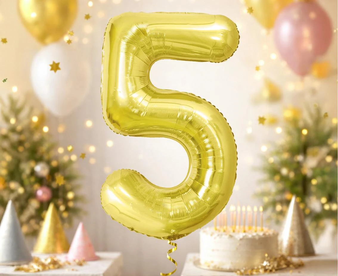 Foil Balloon B&C Number 5, Light gold, 85 cm
