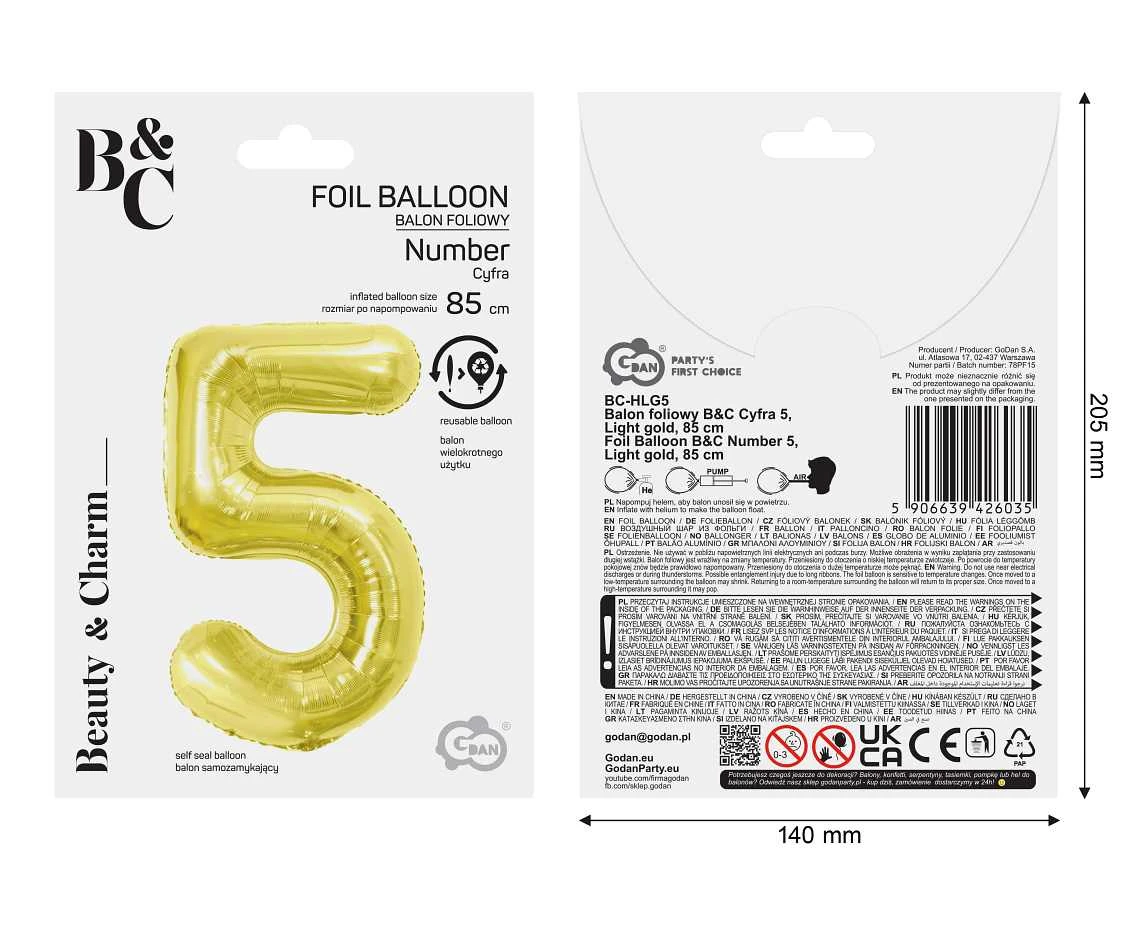 Foil Balloon B&C Number 5, Light gold, 85 cm