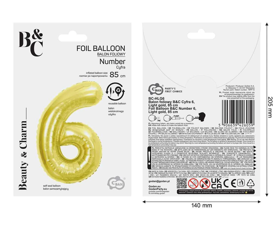 Foil Balloon B&C Number 6, Light gold, 85 cm