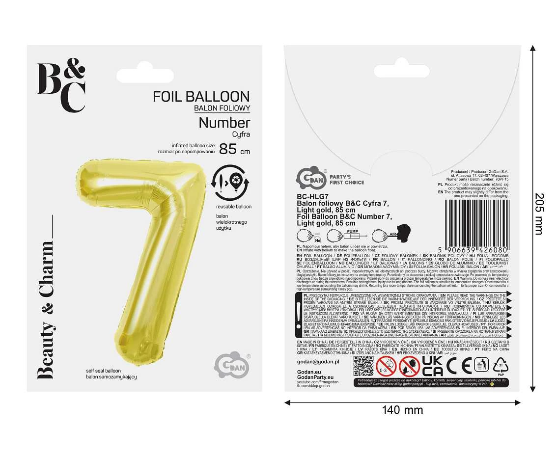 Foil Balloon B&C Number 7, Light gold, 85 cm