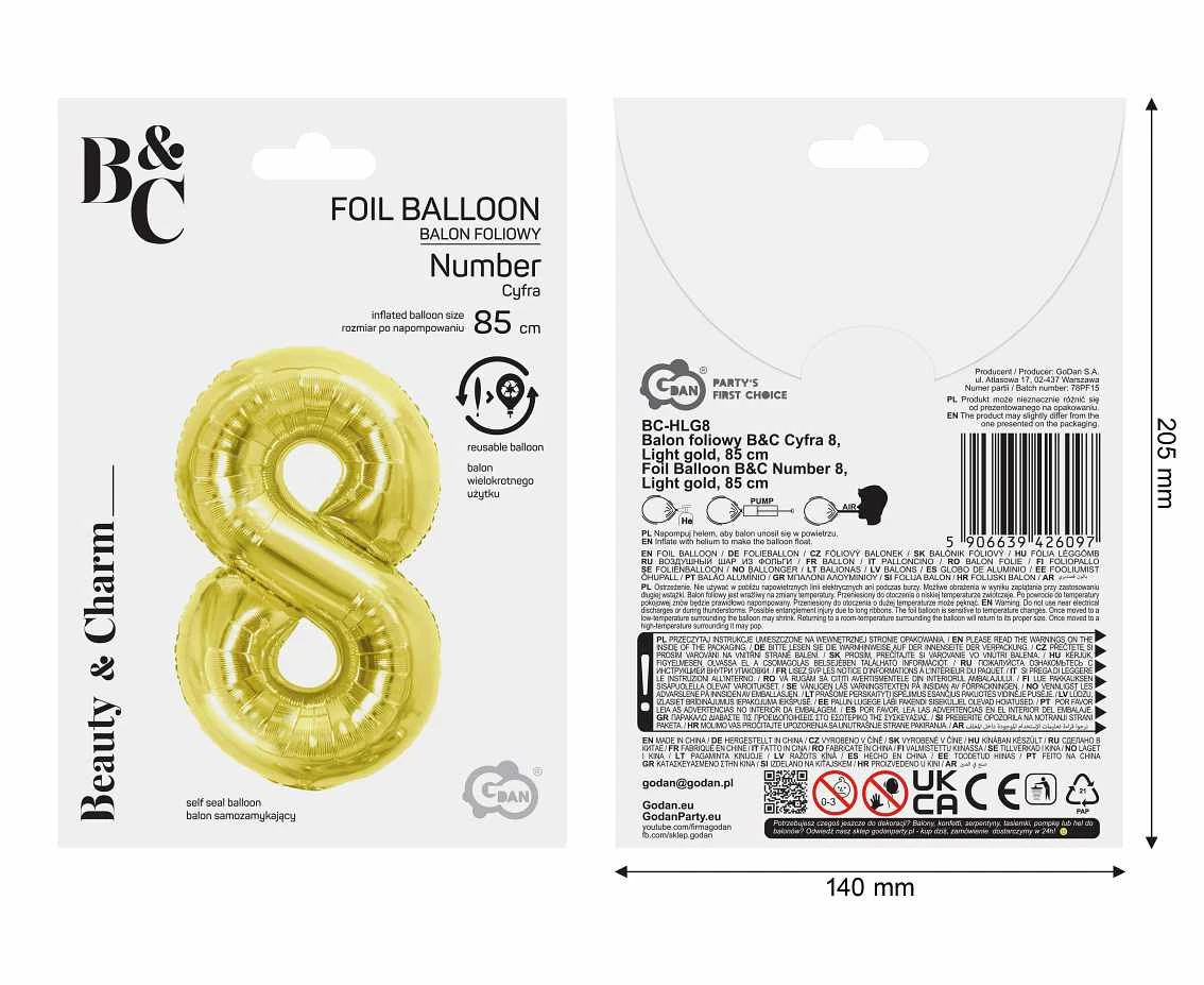 Foil Balloon B&C Number 8, Light gold, 85 cm