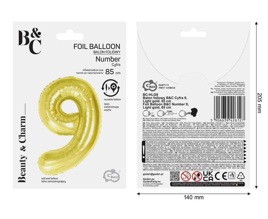 Foil Balloon B&C Number 9, Light gold, 85 cm
