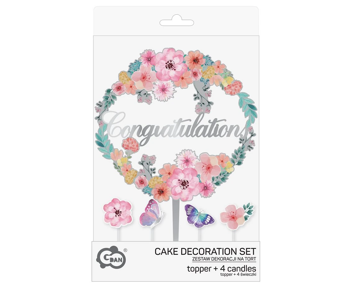 Cake decoration set: floral topper 'Congratulations' + 4 candles butterflies and flowers