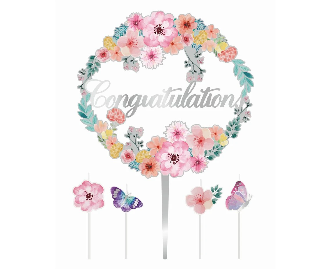 Cake decoration set: floral topper 'Congratulations' + 4 candles butterflies and flowers