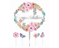 Cake decoration set: floral topper 'Congratulations' + 4 candles butterflies and flowers
