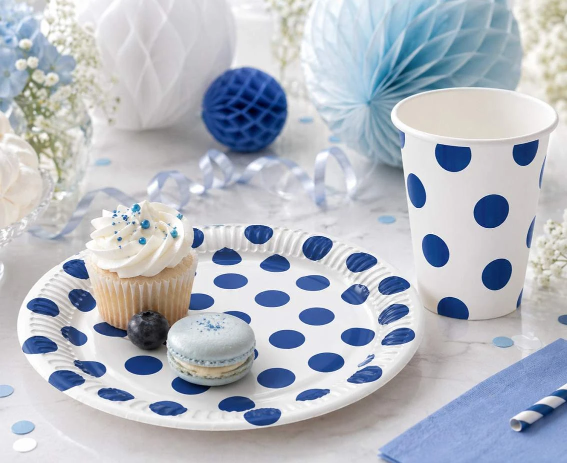 White paper cups, navy blue polka dots, 250ml/6 pcs.