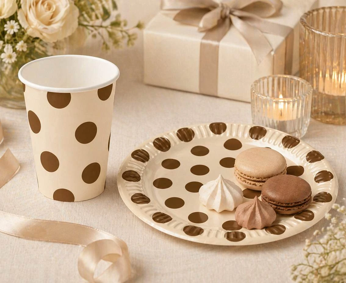 Paper plates beige, brown polka dots, 18 cm, 6 pcs.
