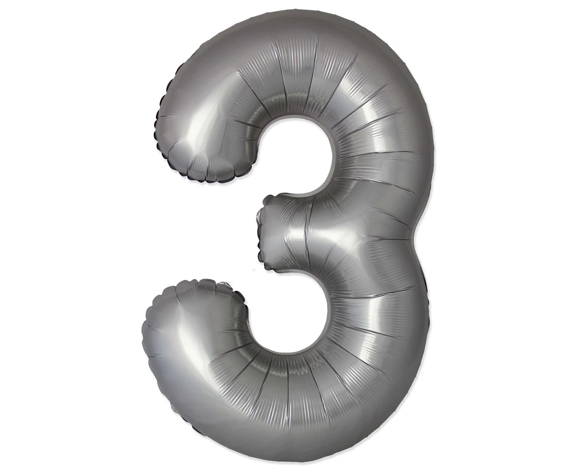 Foil balloon 30" FX - Number 3 Matte Moonlight Silver, unpacked