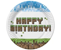 Pixel Block Happy Birthday paper plates, 18 cm, 8 pcs.