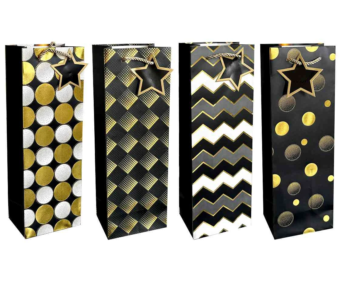 JUPITER Bottle Gift Bag glamour black and gold 12x35x9 cm mix, 1 pc.